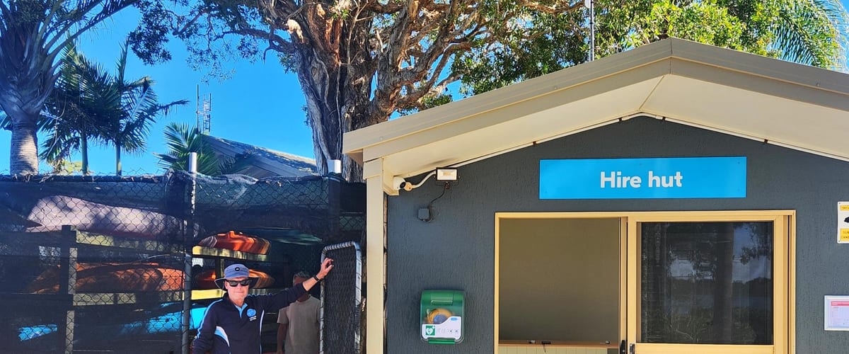 Yamba Kayak hire hut at NRMA Blue Dolphin Holiday Park on Yamba Bay foreshore